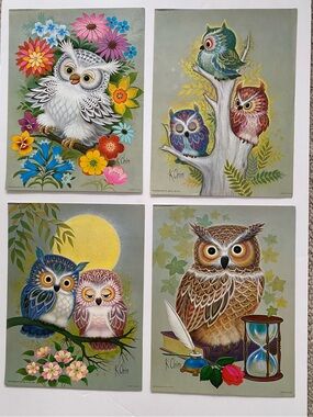 VINTAGE 1973 Owl Lithograph Set Of 4 9"x12" K.Chin Retro Mid-Century Art Prints